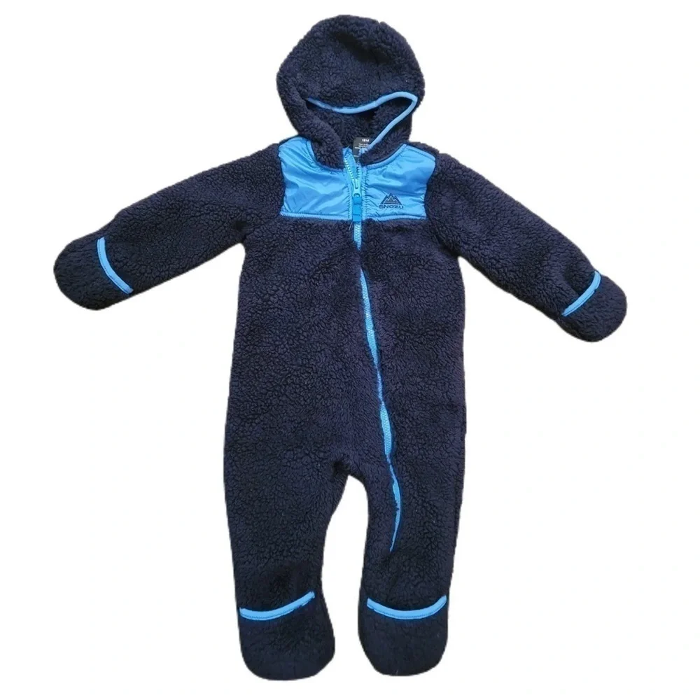Snozu Infant Hooded Fleece Bunting Blue Full Zip Fold Over Feet and Mitts 18M